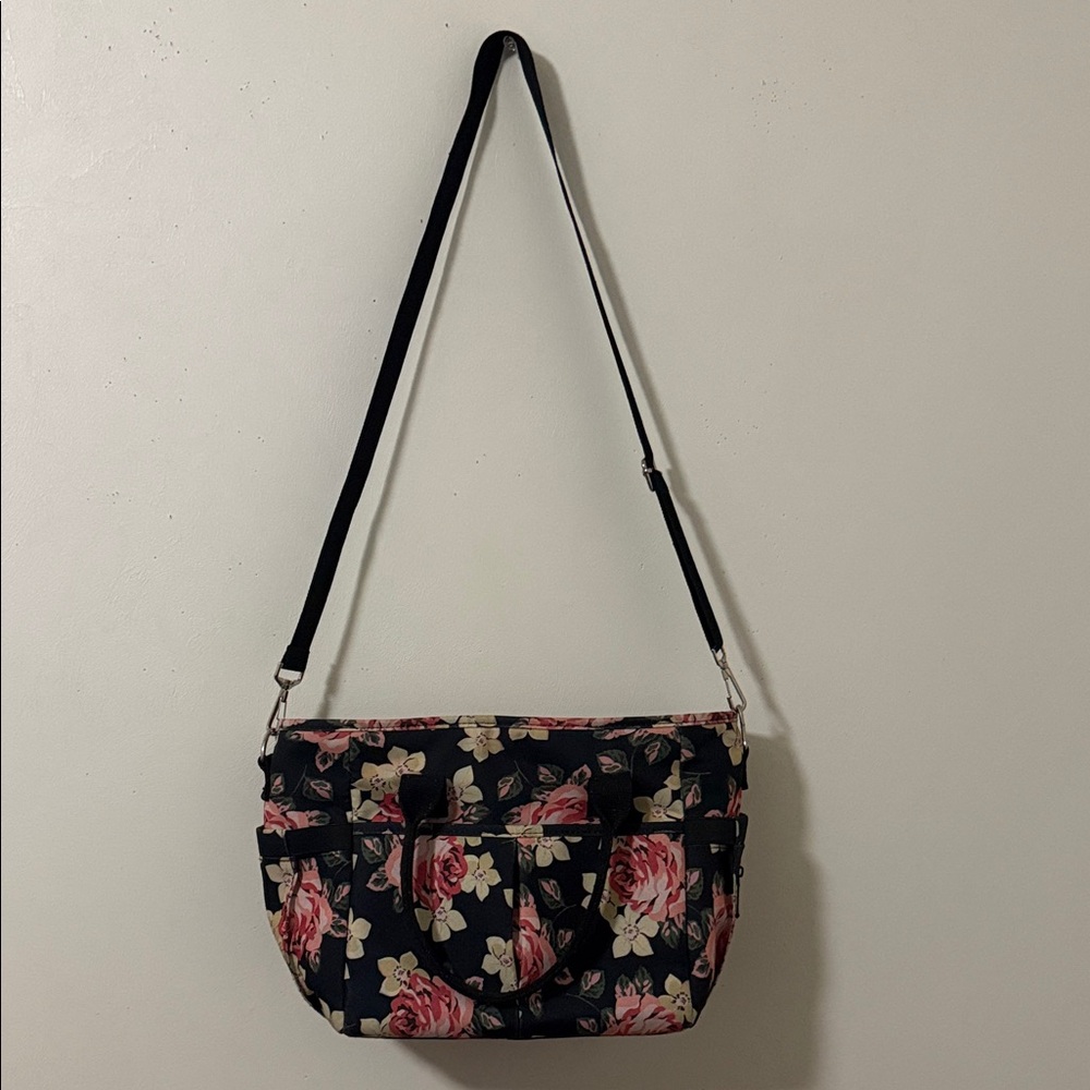 Floral Crossbody Lunch Bag in Black with Pink Rose Print